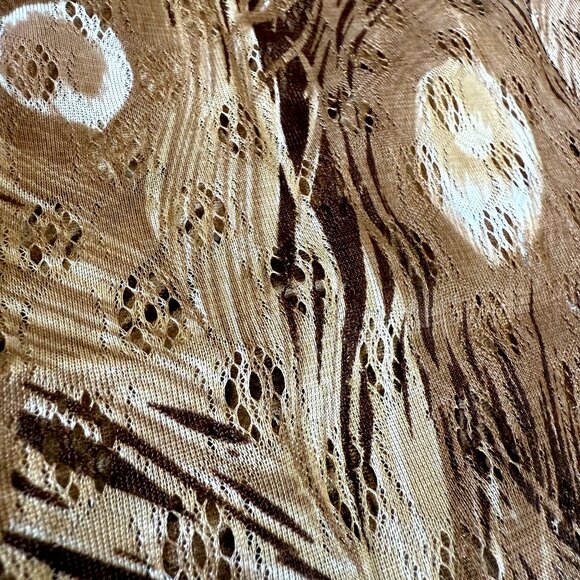 Vintage 70s Dart Collar Sheer Beige Peacock Feather Long Sleeve Blouse Size S - Picture 7 of 11